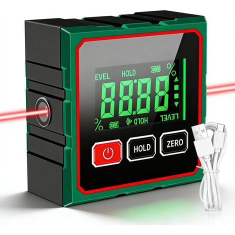 Niveau magnétique : inclinomètre magnétique LCD étanche IP54, niveau à bulle laser magnétique à 4 faces avec écran LCD pour le travail du bois, la construction, la décoration et le bricolage. (1/5)