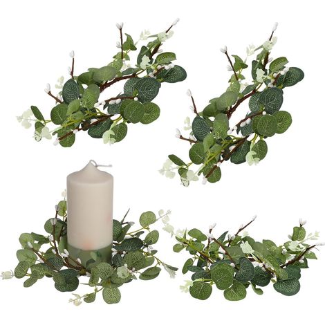Lot de 4 Couronnes de Bougies Eucalyptus Artificielles Vertes Décoratives en Tissu de Soie et Plastique, Design Réaliste Facile à Transporter pour Décoration de Fête (1/5)