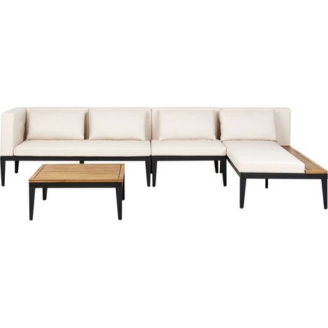 Set da giardino 4 posti in legno di acacia con divano angolare tavolino e cuscini beige chiaro lato sinistro Bracciano