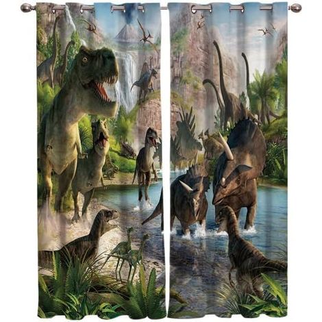 Motif Dinosaure Impression 3D Lot de 2 Rideaux Occultants, Dino Jungle Rideau Thermique Isolant Anti Froid, 140x240, Rideau Occultant avec Œillets Rideau Fenetre - 140L X 240H cm (2 Panneaux) (1/5)