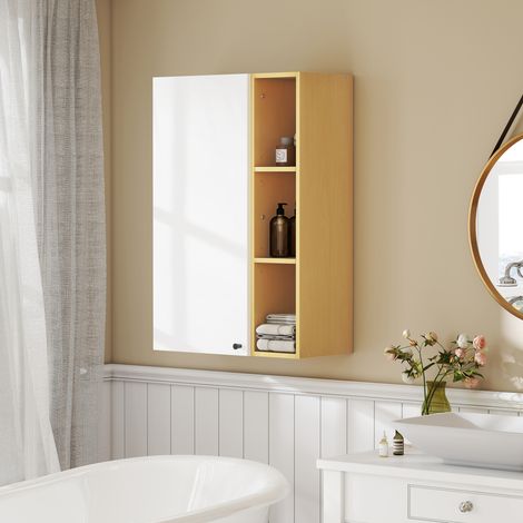 Wandhängender Badezimmerschrank mit Soft-Close-Türen, verstellbaren Einlegeböden und 3 offenen Fächern, für das Wohnzimmer, 59,5 x 30 x 90 cm, Weiß und Holzoptik