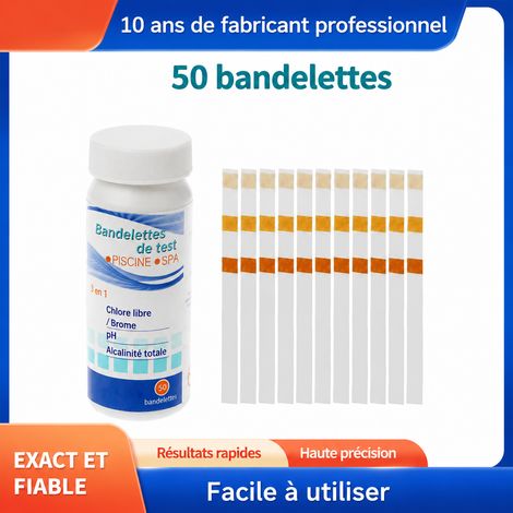 Bandelettes de test d'eau 3 en 1 pour piscine et spa, analyse pH chlore libre et dureté totale, flacon 50 bandelettes, 60 g – Livraison gratuite (1/5)