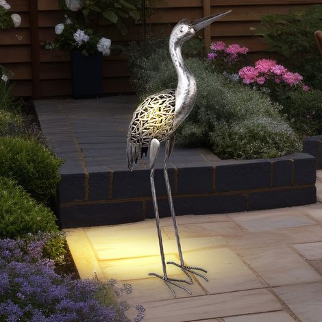 Gartendeko Figuren LED Figuren für Garten Gartendeko Tiere für Außen Balkon Figuren Terrasse Deko, Kranich Metall, grau, LxH 29 x 77 cm