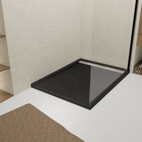 Piatto Doccia Acrilico Nero Effetto Pietra 90x120x4 cm - Griglia Lineare Cromata - METEORA