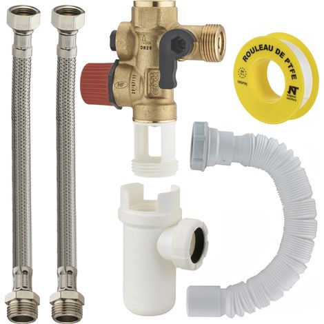 Nt Noyon & Thiebault – Groupe de sécurité siège inox NF – Droit – Kit de raccordement avec flexibles inox 40 cm M15x21 F20x27 – Siphon inclus