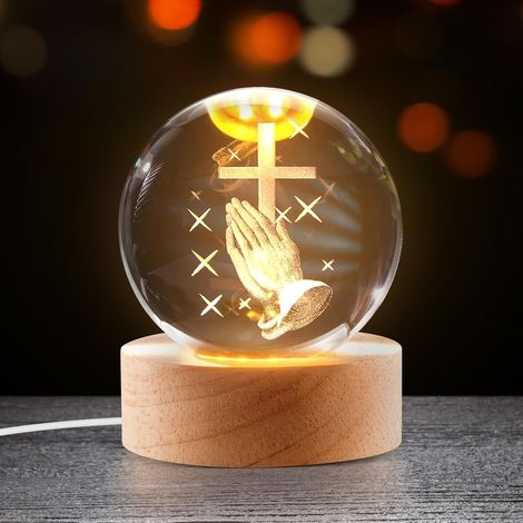 Lámpara de noche 3D con forma de bola de Jesús – Base de madera, manos rezando, cruz, lámpara religiosa, regalo espiritual (1/4)
