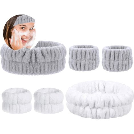 6 Poignets de Lavage Spa, Poignets de Maquillage Absorbants, Bandeau de Soin Elastique pour Lavage du Visage (Blanc, Gris) (1/5)