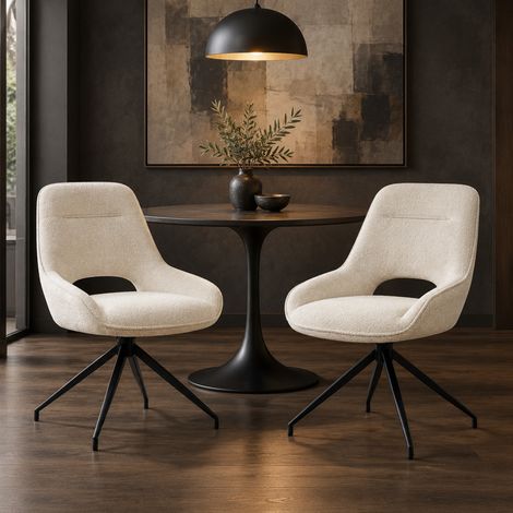Pack de 2 sillas de comedor giratorias 360° de tela blanca y metal negro, 50 x 50 x 87 cm (1/5)