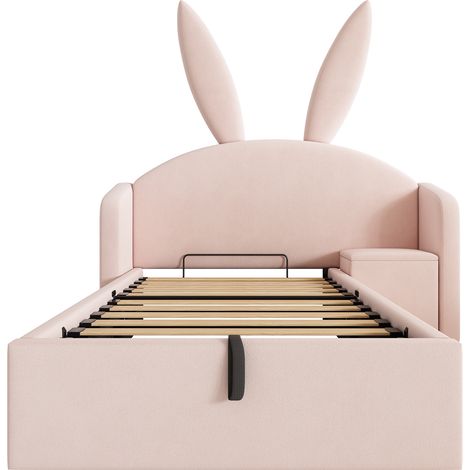 Cama infantil tapizada 90x200 cm rosa con orejas de conejo y almacenaje HOMVRA (1/5)