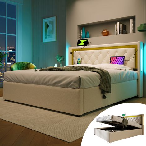 Lit rembourré double 140 x 200cm coton, LED ambiante, tête et rangements intégrés, cadre à lattes stable pour adolescents sans matelas