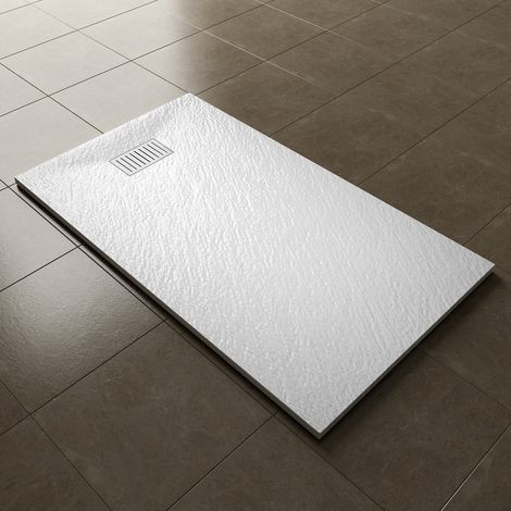 ELEGANT 1400x800mm Slip-Resistance Shower Tray White Slate Effect Square Shower Enclosure Base with Waste Trap and Stainless Steel Drain Cover B