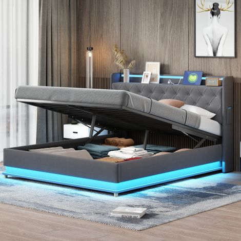 Lit rembourré, dimensions 160 x 200 cm, avec éclairage LED, port de charge USB et coffre de rangement hydraulique  revêtement en lin gris doux. (1/5)