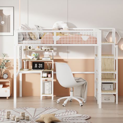 Lit superposé 140x200 cm avec échelle de sécurité, lit enfant en fer blanc, armoire et bureau d'ordinateur inclus (1/5)