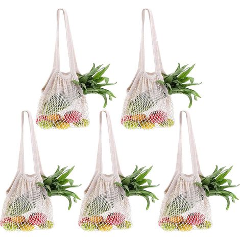 Set di 5 borse per la spesa riutilizzabili in rete di cotone, beige con manico lungo (1/5)