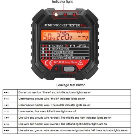 Steckdosentester – HT107D – LCD-Anzeige – 7 LED-Beleuchtungsmodi – Maximale Spannung 250 V (1/5)