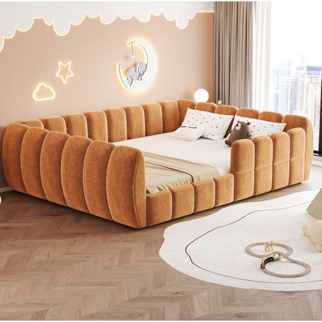 Cama adulto 140x200 cm - Cama doble - Con somier de lamas y estructura baja tapizada - En terciopelo - Naranja - Sin colchón (1/4)