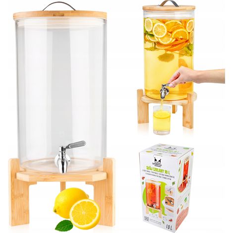 Tarro de cristal de 10 litros + tapa de madera de bambú + grifo de acero inoxidable + soporte de madera