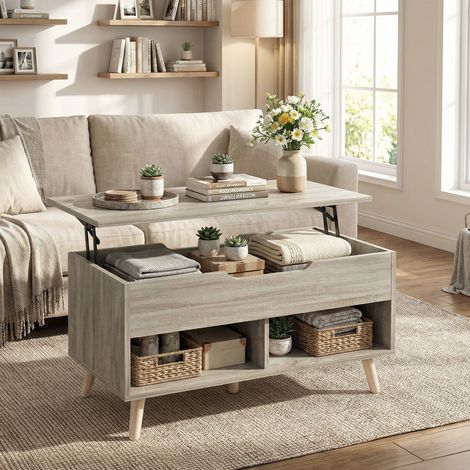 Couchtisch mit Hubmechanismus, Wohnzimmertisch mit verstecktem Fach und offenen Regalen, 75 x 40 x 58 cm, Naturholz