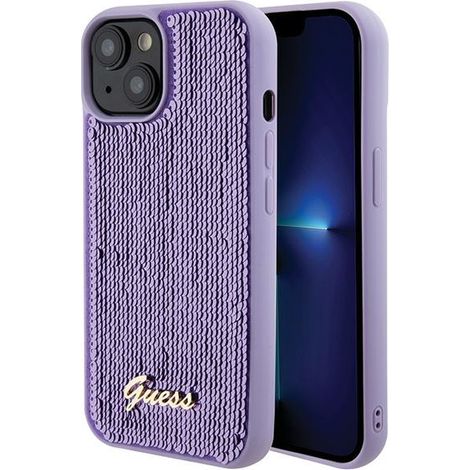 Guess GUHCP15SPSFDGSU iPhone 15 / 14 / 13 6.1 custodia rigida viola/viola con scritta in paillettes e metallo (1/5)