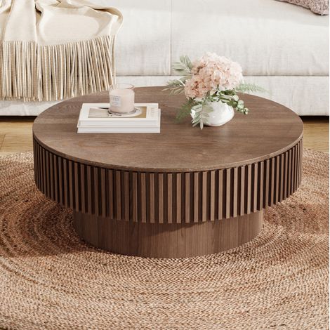 Mesa auxiliar redonda con almacenaje 75 cm en MDF chapado en madera nogal OKWISH (1/5)