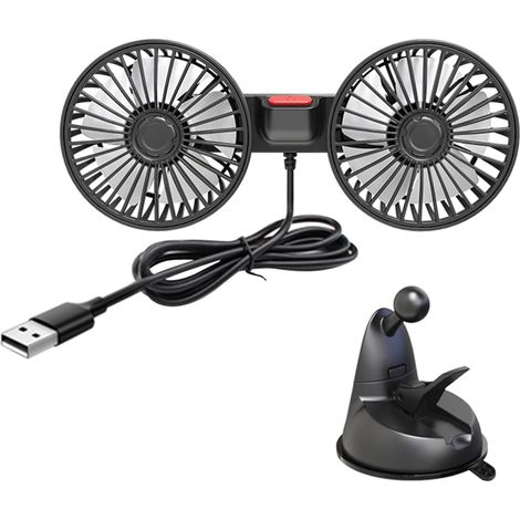 Ventilador USB para vehículo con doble cabezal y rotación de 360°, con ventosa automática para salpicadero, hogar y oficina. (1/5)