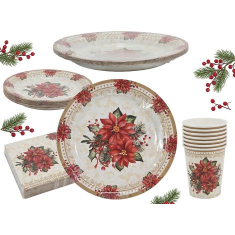 Set Tavola stelle di Natale 38 pz piatti bicchieri e tovaglioli USA e Getta per 6 Persone in Carta coordinato monouso per Festa party natalizio decorazione Pranzi e Cene natalizie (1/5)