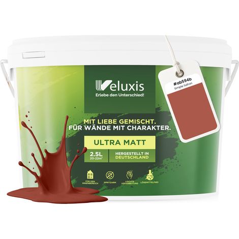 Wandfarbe Rot Braun Orange Matt Innenfarbe – Deckkraft Klasse 1, VOC-frei, Ohne Grundierung, Tropfarm – Wohnzimmer & Schlafzimmer – 5L – Veluxis (Simple Saffron)