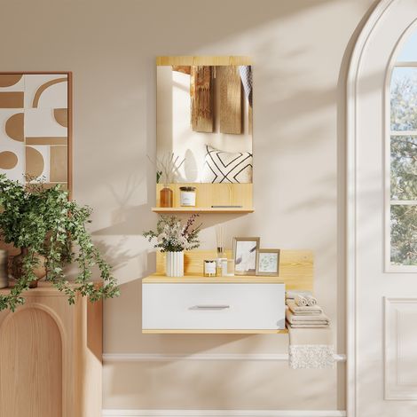 Ensemble de couloir Bois avec miroir étagère et meuble mural tiroir 2 étagères ouvertes en verre