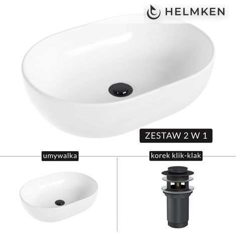 Helmken 83648000 Aufsatzwaschbecken (48x34) Weiß + Click-Clack-Ablauf, Mattschwarz (1/5)