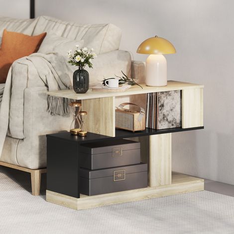 Tavolino laterale a forma di S, con 3 ripiani portaoggetti, 90 x 30 x 61 cm, effetto legno nero naturale.