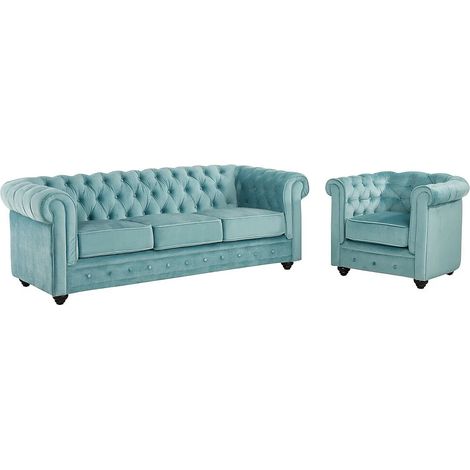 Canapé 3 places et fauteuil CHESTERFIELD - Velours bleu pastel (1/5)