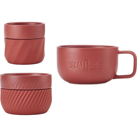 La Cafetière Juego de regalo familiar de 3 tazas para amantes del café, con tazas apilables de 38 ml, 2 ml y 1 ml con fundas de silicona para facilitar el agarre, rojo