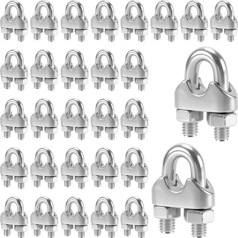 Lot de 30 serre-câbles métalliques de 6 mm, boulons en U en acier inoxydable 304, serre-câble à étrier avec contre-écrous, hauteur 32 mm, pour câble en acier (1/5)