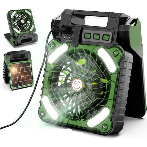 Solar camping fan with solar panel, rechargeable, suitable for outdoor use, military green. (1/5)
