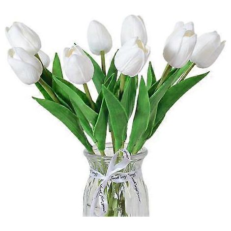 Lot de 10 fleurs artificielles avec tige, réalistes, pour mariage, maison ou bureau, centre de table, tulipes, fausses branches, composition florale.blanc (1/5)