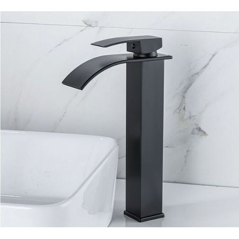 Robinet cascade en laque Lavabo à poser chaud et froid Toilettes Armoires de salle de bain Robinet monotrou Robinet de lavabo cascade, Mitigeur cascade noir, Robinet de salle de bain monotrou en laito (1/3)