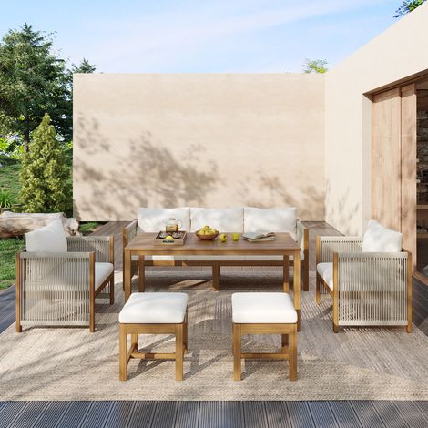Sechsteiliges Garten-Esstisch-Set aus Massivholz und Akazienholz, beige, mit 3-Sitzer-Sofa, 2 Einzelsesseln, 2 Hockern und Tisch