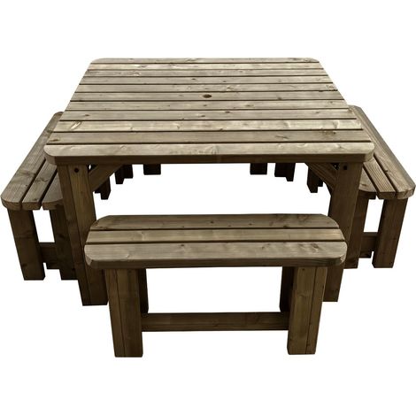 120cm x 115cm Picnic table and 4x benches set ,  rustic brown finish, Quadrum rounded edges (1/2)