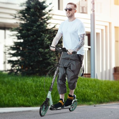 Trottinette pliante pour adultes (14 ans et plus) avec guidon réglable, grandes roues de 20 cm, suspensions et doubles freins, cadre en aluminium - verte (1/5)