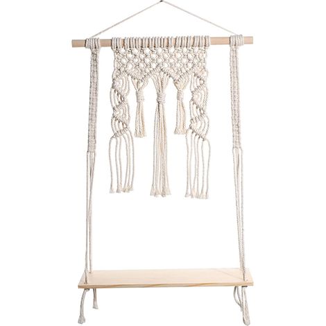 Étagère murale en macramé avec tablette bois, format compact 10 × 35 cm (1/5)