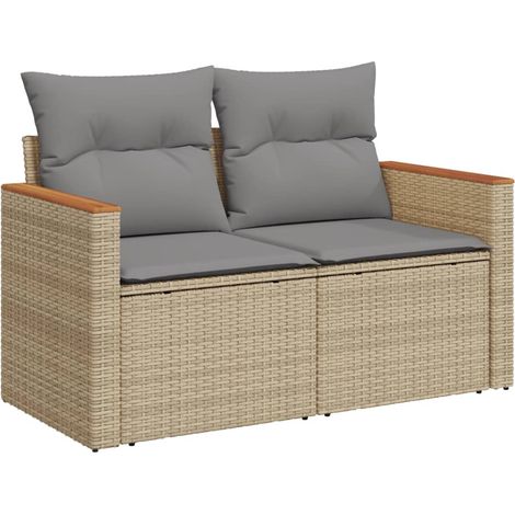 Canapé de jardin avec coussins 2 places beige résine tressée (1/5)