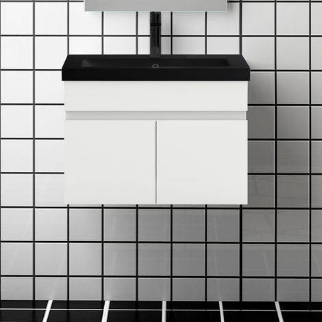 60 cm Waschtisch mit Unterschrank Badmöbel Set mit Waschbecken Schwarz Gäste WC Hochglänzend Weiß (1/5)