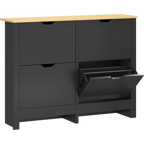 Armoire à chaussures 16 paires, meuble de rangement avec 4 tiroirs pliants, étagères ajustables, noir et bois naturel (1/5)