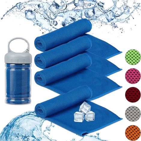 Serviette rafraîchissante, lot de 4, micro fibres, pour le cou, sport, 90 x 30 cm, avec boîte, tissu pour yoga, bleu (1/5)