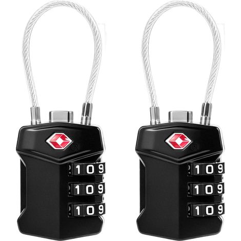 Cadenas TSA Valise Combinaison 3 Chiffres Serrure Bagage Voyage, Lot 2 Pièces avec Câble Flexible Acier Alliage Zinc Résistant, Idéal Valise Sac Dos Casier Aéroport (1/5)