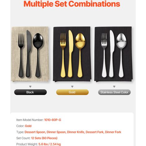Mophorn 60-teiliges Besteckset in Gold, Besteck aus lebensmittelechtem Edelstahl, spülmaschinenfest, hochglanzpoliert, für 12 Personen, Küche & Haushalt, inklusive Messer, Gabel, Löffel