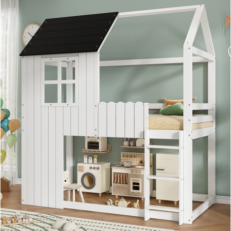 Letto a soppalco 90x200 cm bianco nero in legno con scala a 3 gradini (1/4)