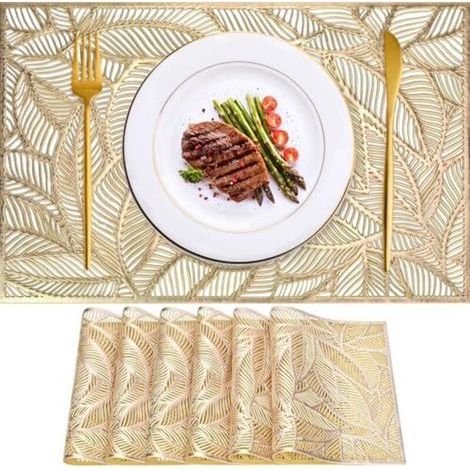Lot de 6 sets de table rectangulaires en PVC lavable, résistants à la chaleur et antidérapants, 45 x 30 cm, couleur or, à motif de feuilles, parfaits pour Noël, les fêtes, la maison, la cuisine et les (1/5)