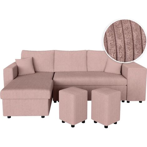 Canapé d'angle réversible convertible OSLO avec coffre, 2 poufs à droite en velours côtelé rose (1/5)