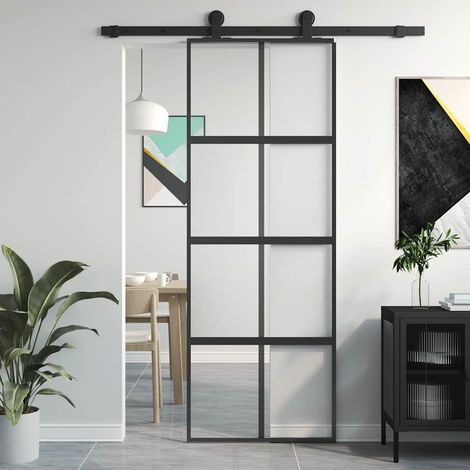 Porte Coulissante-Porte intérieure noir 76x205 cm verre trempé aluminium 425334 (1/5)